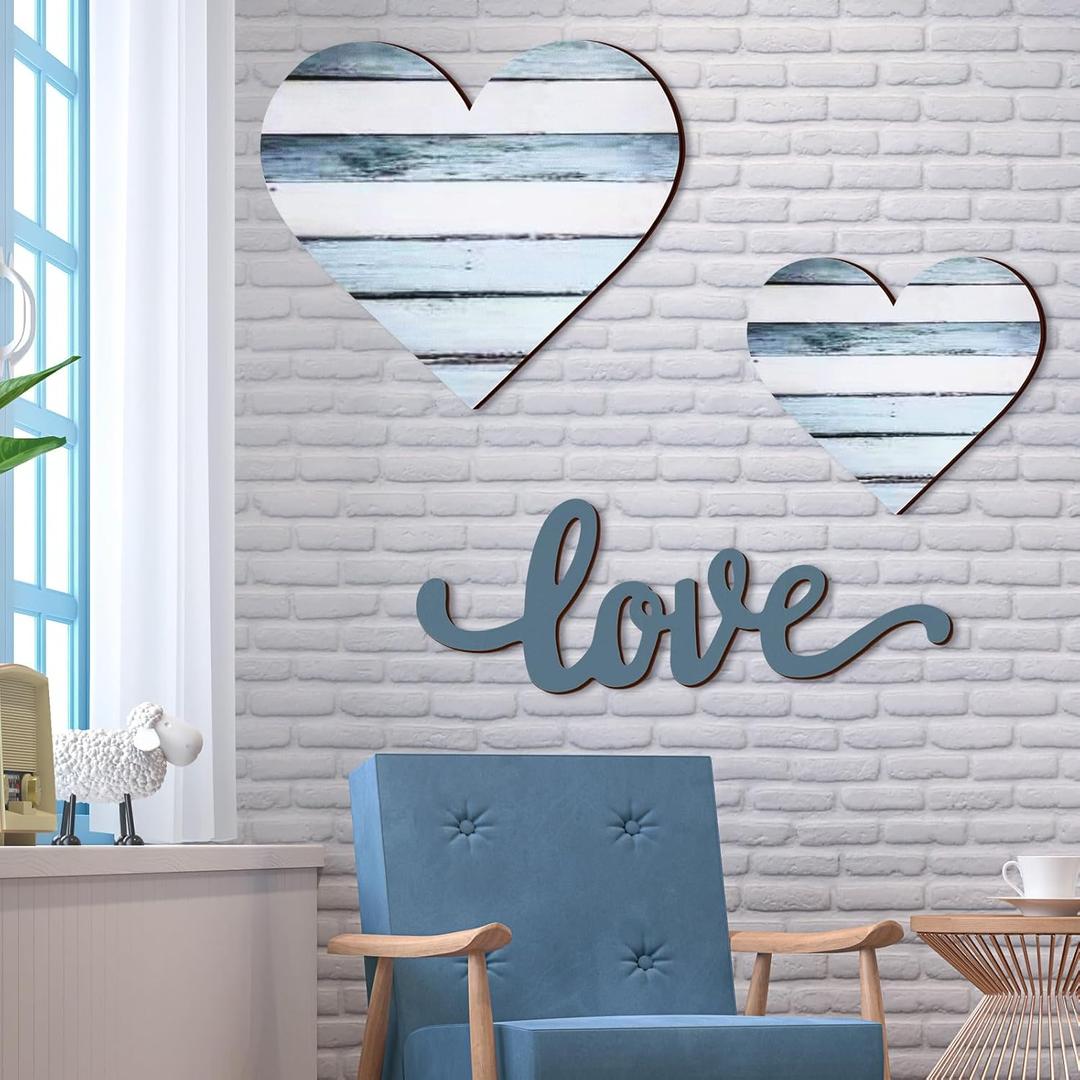 3 Pcs Wooden Hearts Decor Heart Wooden Sign Rustic Hanging Love Plaque for Wall Home Farmhouse Living Room Bedroom Gifts(Blue)