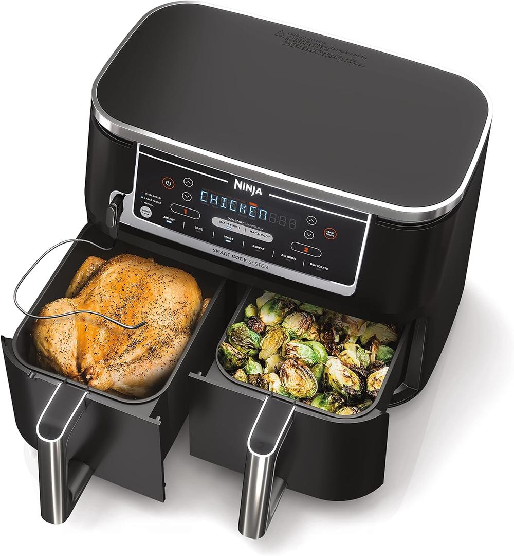 Ninja Air Fryer, Thermometer, Roast, Bake, Air Fry, Crisps, Broil, Reheats, Keep Warm, 6-in-1, Fries, Frozen Food, Veggies, and Meat, Quick Meals, Healthy Meals, Less Oil, 10 QT, Grey, DZ550