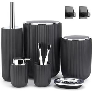 Boperzi Bathroom Accessories Set Complete: 8pc Bathroom Accessory Set with Trash Can 2pc for Floor/Counter, Toilet Brush, Soap Dispenser, Toothbrush Holder, Adhesive Hook, Grey Modern Bathroom Set (Dark Gray)