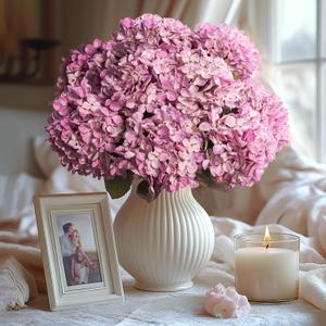 Artificial Flower Fake Silk Hydrangea Heads Bouquet with Stems Bulk for Fall Decoration Table Center Christmas Indoor Outdoor Faux Floral Realistic with Leaves Plants Crafts 8PCS (Pink)