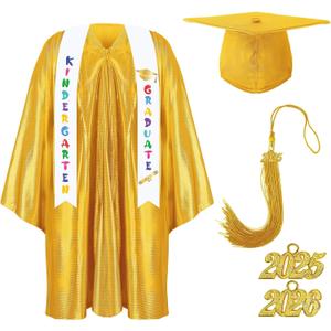 Foaincore 2025 Year Preschool and Kindergarten Graduation Gown Cap Tassel Set with 2025 Charm Printed Stole Grad Gift (24, Yellow)