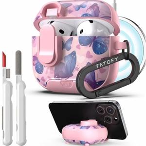 TATOFY for AirPod 4th Gen Case with Phone Stand Lock Carabiner Cleaning Kit, Floral AirPods 4 Hard Shell Dustproof Cover for Women, MagSafe Compatible (Butterfly, AirPods 4th)