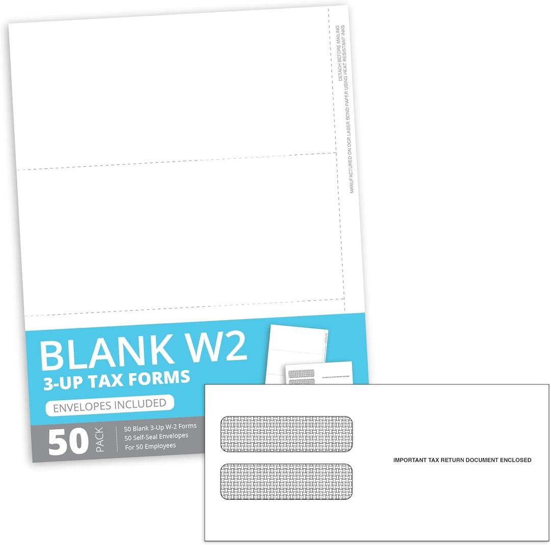 Blue Summit Blank W2 3 Up Tax Forms 2025, W2 Perforated Paper 50 Employee Sets, Ideal for E-Filing, Compatible with Quickbooks and Laser or Inkjet Printers, 50 Sheets and Self Seal Envelopes