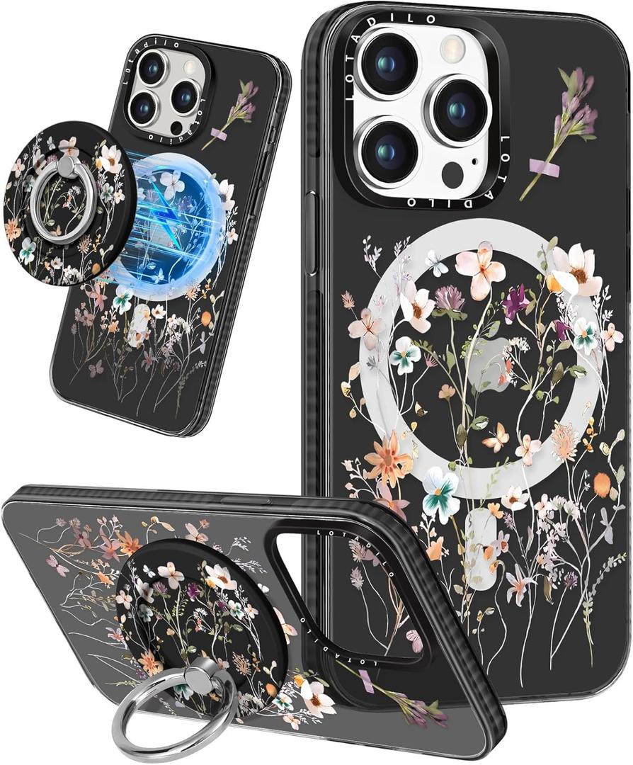 for iPhone 15 Pro Max Case for Women - Cute Kawaii Design Girls Compatible with Magsafe Magnetic Ring Holder Stand Foral Flower Phone Covers Aesthetic Girly TPU Funda for 15 Pro Max