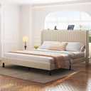 DNYN King Platform Bed with Stylish Headboard & USB Port Design,Easy Assembly & Noise Free & No Box Spring Needed, Beige