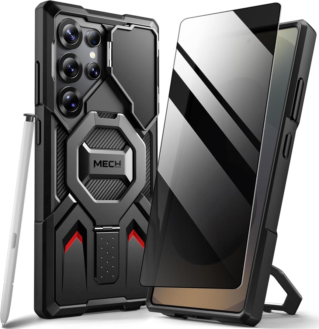 TONGATE for Samsung Galaxy S24 Ultra Case Compatible with MagSafe, [Ring Stand & Camera Cover] Drop Shockproof Rugged Protection Phone Case for S24 Ultra with Screen Protector 6.8",Black Privacy Film