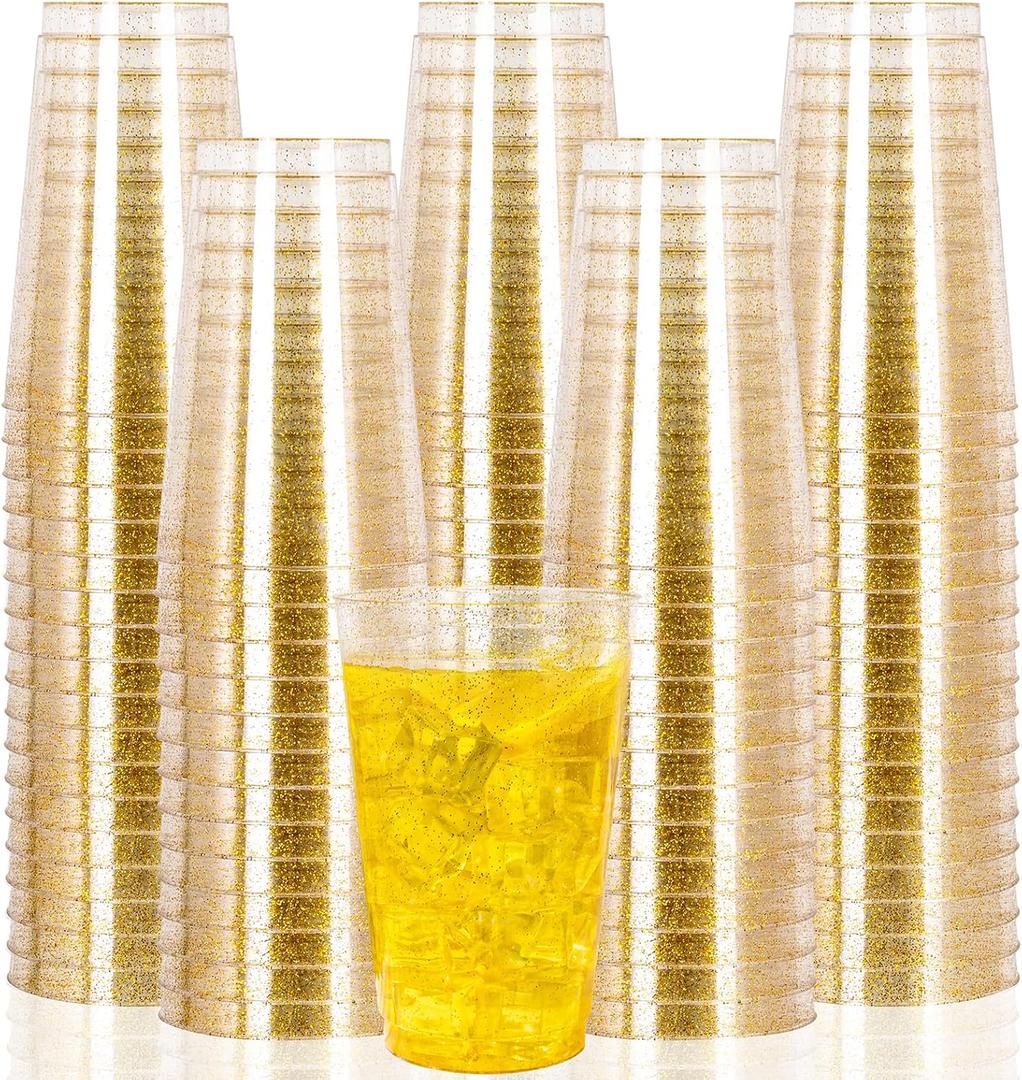 I00000 100 Pack 14 oz Gold Plastic Cups, Disposable Tumblers Gold Glitter Plastic Cups, Disposable Wine Glasses Cocktail Glasses Perfect for Wedding, Mother's Day & Party