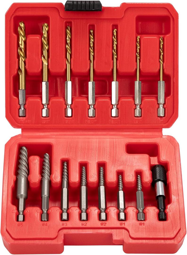 15 Pieces Screw Extractor Set 6542/4341 HSS Cobalt Left Hand Drill Bit Broken Screw Extractor Kit with 1/4'' Adaptor, Stripped Screw Extractor Set Ez Out Removing Screws Bolts Nuts