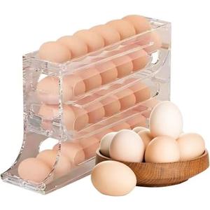 Sipobuy 4-Tier 28 Eggs Automatic Rolling Dispenser, Space-Saving Tray Organizer Holder for Refrigerator, Kitchen, Cabinets, Countertop and Dining Table (Transparent)