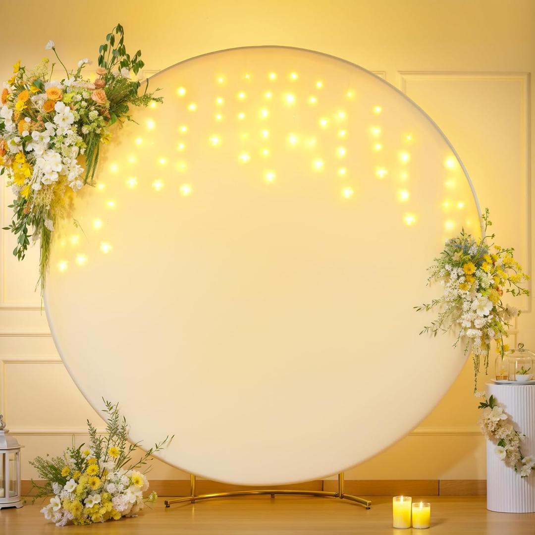 7.2 FT Ivory Round Backdrop Cover with Lights String for Circle Arch Stand Circle Backdrop Covers with LED Fairy Lights for Wedding Arch Baby Shower Birthday Party Photo Shoot Photography Background