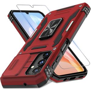 DEERLAMN Case for Samsung Galaxy A15 5G with Slide Camera Cover+Screen Protector (1 Pack), Rotated Ring Kickstand Military Grade Shockproof Protective Cover-Red
