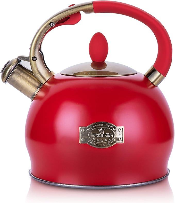 SUSTEAS Stove Top Whistling Tea Kettle  Food Grade Stainless Steel Teakettle Teapot with Cool Touch Ergonomic Handle, With 1 Silicone Pinch Mitt Included, 2.64 Quart(RED)