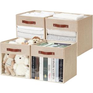 Storage Cube Organizer with Clear Window, Linen Collapsible Storage Boxes with PU Handles, Cube Storage Bins for Shelf, Closet, Cabinet, Bookcase (13x13x13, Khaki)