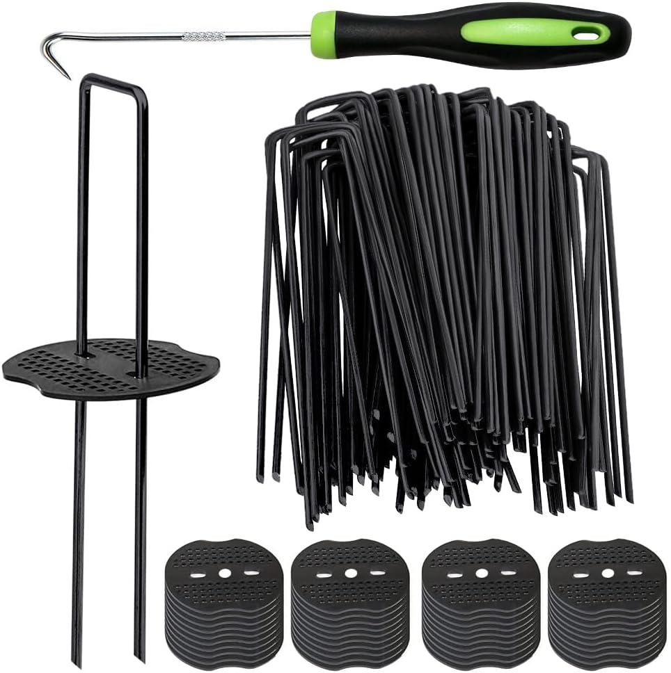 Bakulyor 200pcs Black Landscape Staples + 200pcs Buffer Washer, 6 Inch 11 Gauge Garden Stakes Staples, U Shaped Galvanized Lawn Pins Heavy Duty Yard Ground Pin for Weed Barrier Sod Fabric Decorations