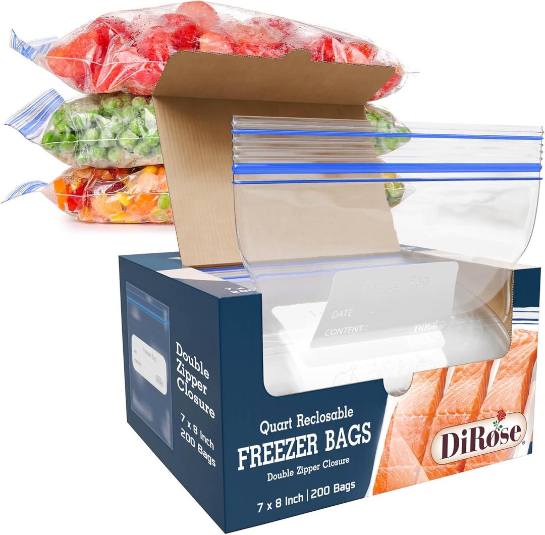 DiRose Reclosable Freezer Bags - Quart Size (200 Pack) | Double Zipper, Airtight Seal, BPA-Free, Premium Thick Heavy-Duty Bags for Safe and Secure Food Storage