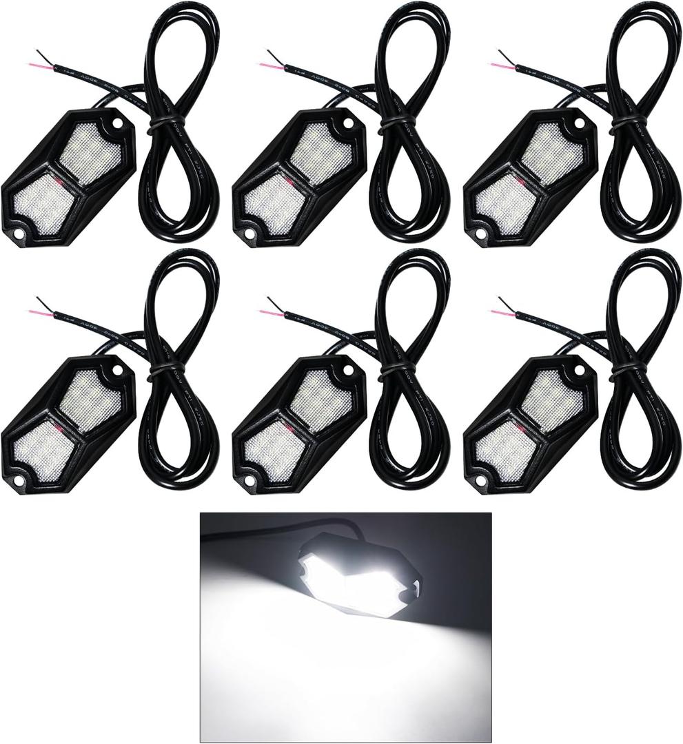 Led Rock Lights White 6 Pods 18LEDs 210 Degree Wide Angle IP68 Waterproof Aluminum Housing Underglow Underbody Lights 12v 24V for Truck UTV ATV Camper (6 Pods)