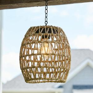 Solar Chandelier Outdoor, Natural Seaweed Hanging Solar Lantern Gazebo Lights Outdoor Waterproof for Patio Porch Garden Barn Tree Pergola Pendant Light Decor