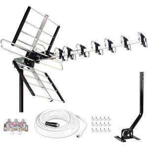 Five Star Outdoor HDTV Antenna up to 200 Mile Long Range, Attic or Roof Mount TV Antenna, Long Range Digital OTA Antenna for 4K 1080P VHF UHF Supports 4 TVs Installation Kit & J Mount