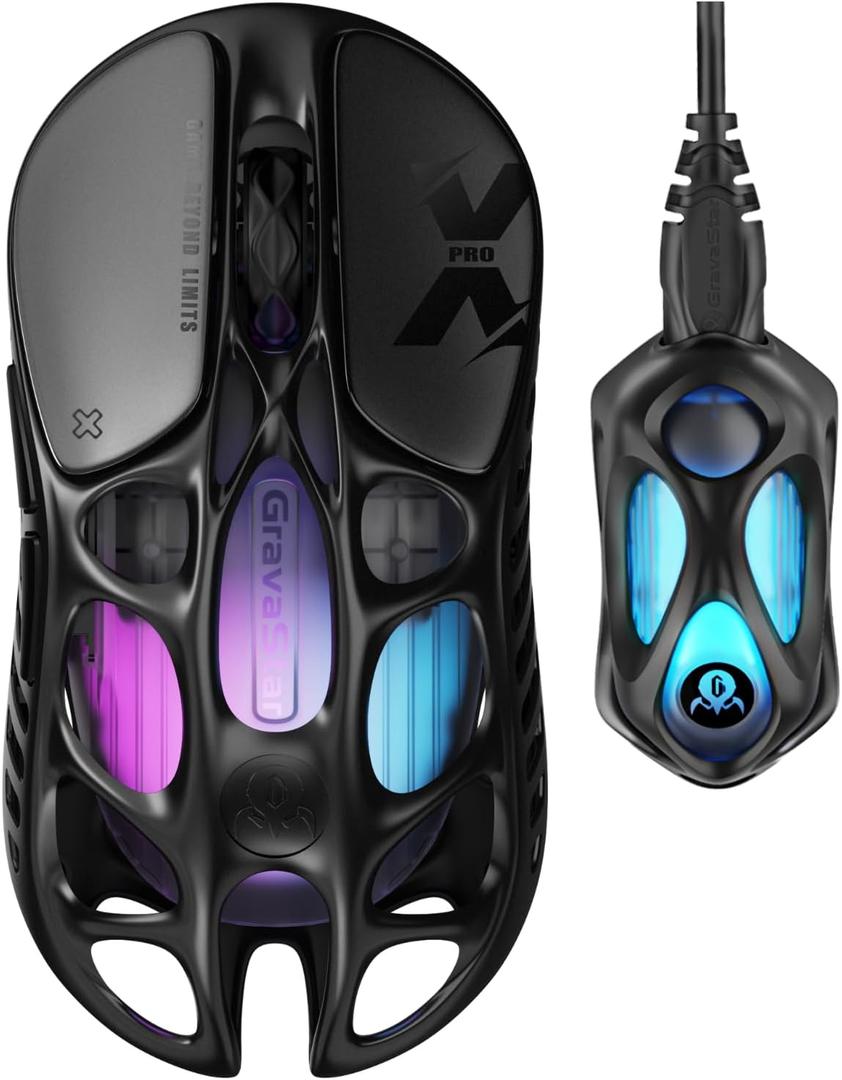 GravaStar Mercury X Pro Wireless Gaming Mouse, Come with 8K Dongle  32,000 DPI PAW 3950 Sensor, 8,000Hz Polling Rate, Only 49g, Magnesium Alloy Hollow Frame, RGB Lighting, 5 Programmable Buttons (Black)