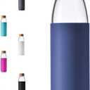 veegoal 25 Oz Borosilicate Glass Water Bottles with Bamboo Lid, BPA-FREE, Non-Slip Silicone Sleeve, and Stainless Steel Leak Proof Lid - Reusable Glass Bottle for Men and Women (Sapphire Blue)