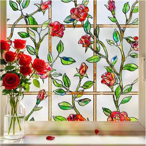 Stained Glass Window Privacy Film, 23.6" x 78.7", Red | 3D Unique Decorative, UV Heat Blocking Static Cling, Non Adhesive Removable Coverings for Home, Door & Bathroom