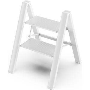 GameGem 2 Step Ladder, Aluminum Folding 2 Step Stool with Anti-Slip Sturdy and Wide Pedal, Lightweight Portable Stepladder for Home and Kitchen Use Space Saving, Cream White, 330 lbs