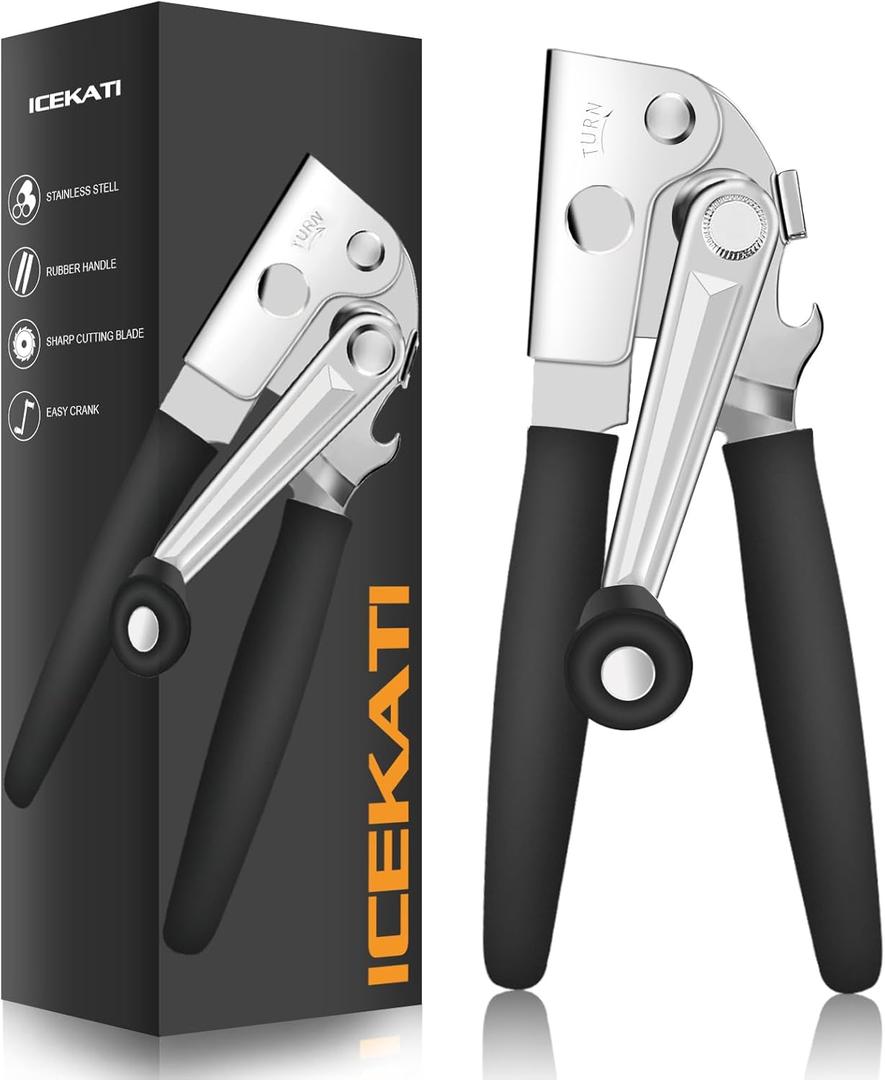 Commercial Can Opener, ICEKATl Can Opener Manual Heavy Duty Easy for Big Cans with Magnet, Folding Hand Crank With Comfortable Long Handles (Black)