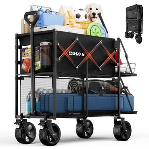 Double Decker Collapsible Wagon with Brakes, Folding Utility Cart with Big All-Terrain Wheels, 2-Tier Wagon for Camping Gear, Sports, Groceries, Shopping, Garden & Outdoor Use
