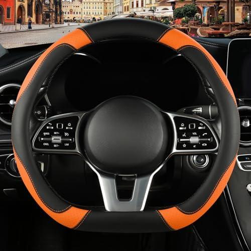 Binsheo Microfiber Leather D Shaped Steering Wheel Cover, Breathable, Anti Slip, Universal 15 inch, Black with Orange