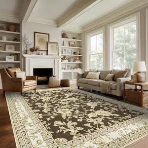 Brown Floral Print Area Rugs for Bedroom Living Room Boho Farmhouse Country Rustic Dining Room Carpet Soft Washable Rugs Non Slip Floor Covering for Nursery Playroom 10x14