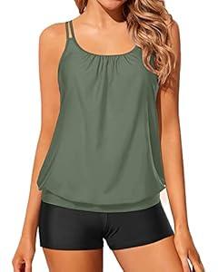 Tempt Me Army Green Women Two Piece Tankini Swimsuits Blouson Modest Swim Top Boyshort Bathing Suits L