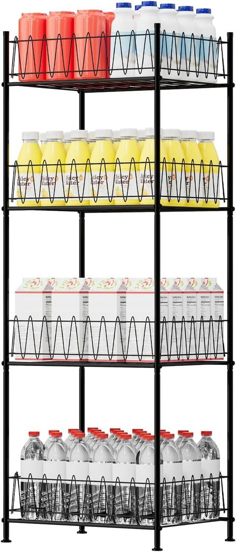 smusei Water Bottle Organizer Rack 4 Tier Free Standing Bottled Water Storage Organizer for Floor, Metal Beverage Soda Can Dispenser Shelf Holder Stand for Kitchen Pantry Office, Black