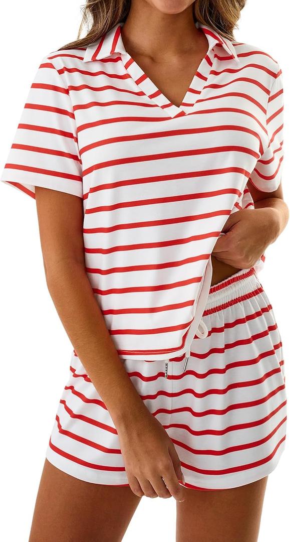 Hilinker Womens Striped Pajama Set V Neck Short Sleeve Tops and Shorts 2 Piece Lounge Sets Red White Stripe Medium