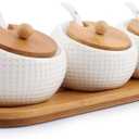 Porcelain Condiment Jar Spice Container with Lids - Bamboo Cap Holder Spot, Ceramic Serving Spoon, Wooden Tray Best Pottery Cruet Pot for Your Home, Kitchen, Counter. White,170 ML (5.8 OZ), Set of 3