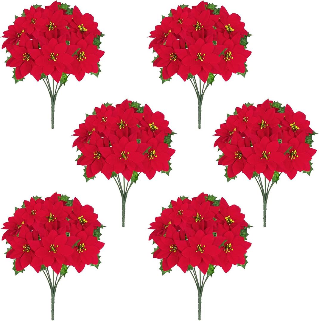 Artflower Christmas Decorations - 6 Pack Poinsettias Artificial Christmas Flowers, Fake Red Velvet Artificial Poinsettias Flowers for Christmas Tree Home Party Porch Yard Indoor Outdoor Decor