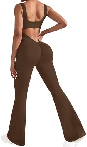 OLCHEE Womens Flare Jumpsuits One Piece Seamless Butt Scrunch Workout Romper Square Neck Backless Wide Leg Unitard Size XL
