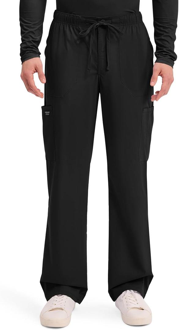 Cherokee Scrubs for Men Tapered Leg Cargo Scrub Pants with Zip Fly, 5 Pockets Elastic Waist 2-Way Stretch & Easy Care WW190 (Black, L)