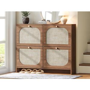 Shoe Storage Cabinet for Entryway, Freestanding Arched Rattan Accent Ultra Slim Shoe Cabinet with 2 Flip Drawers, Farmhouse Shoe Rack with 3-Tier Adjustable Shelves for Hallway Foyer Modern Rustic (Brown)