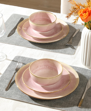 Sweejar 12 Pieces Ceramic Dinnerware Sets for 4, Pink Gradient Glaze Plates and Bowls Set, Microwave & Dishwasher Safe, Stackable Dish Set, Scratch Resistant Dishware Sets