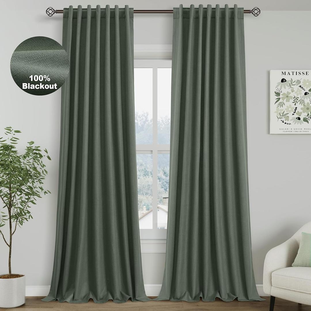 Blackout Olive Green Linen Curtains 96 Inches Long Back Tab Heat Reflective Full Light Block Out Curtains 2 Panels for Bedroom Windows Textured Long Draperies With Liner Floor to Ceiling Length 8Ft