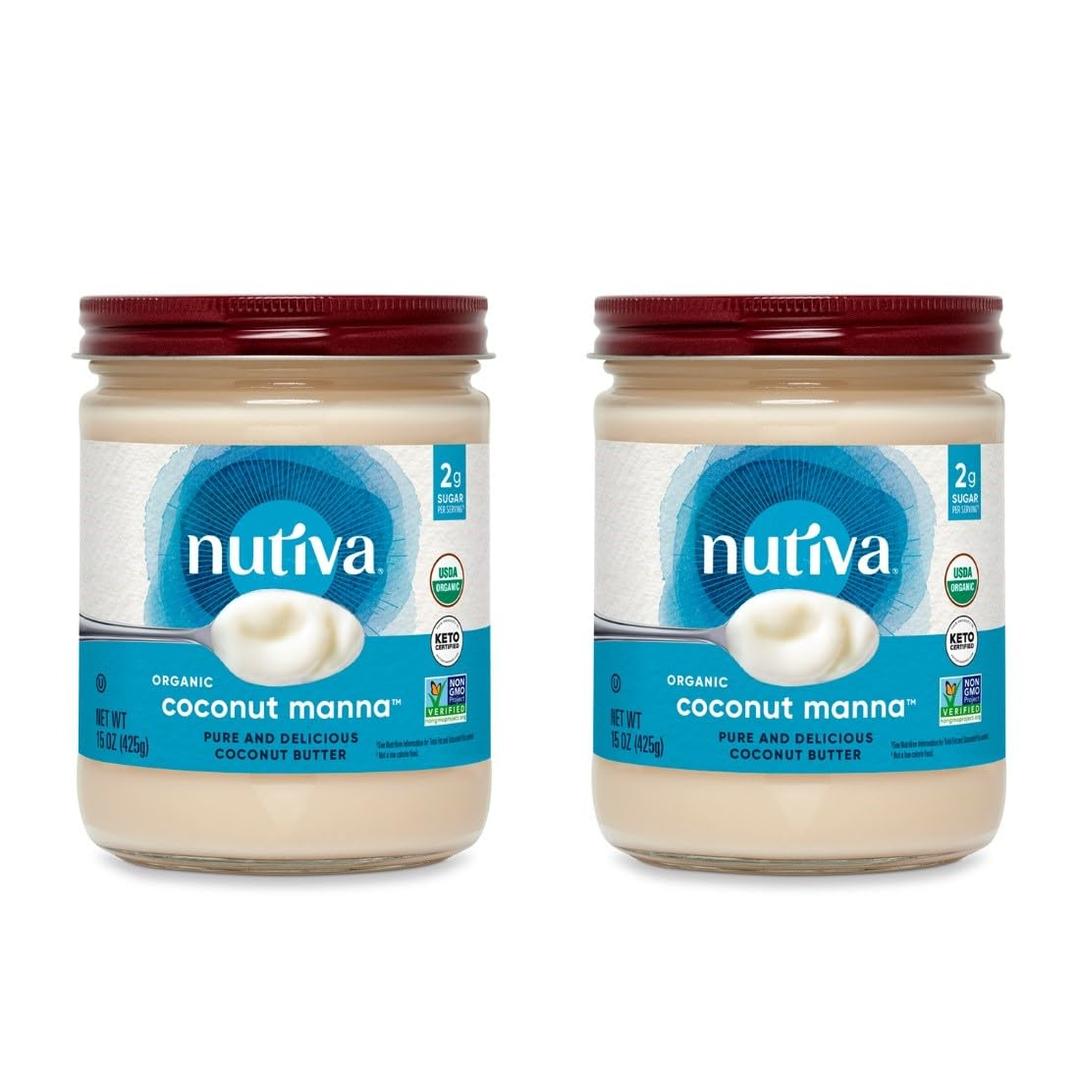 Nutiva Organic Coconut Manna Puréed Coconut Butter, 15 Oz (Pack of 2), USDA Organic, Non-GMO, Whole 30 Approved, Vegan, Gluten-Free & Keto, Creamy Spread to Boost Smoothies & Oatmeal BBD 07/28/2026