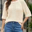 Saodimallsu Womens Short Sleeve Sweaters Crochet Knit Casual Crew Neck Lightweight Summer Trendy Sweater Tops (Beige)