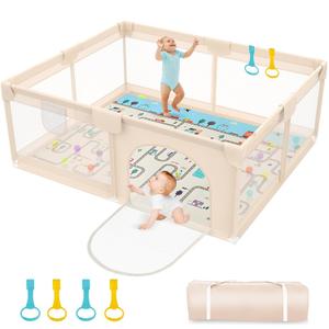 Baby Playpen with Mat 79x71inch - Extra Large Playpen for Babies and Toddlers Indoor & Outdoor Baby Playpen with Soft Breathable Mesh Cover - Sturdy Foam Baby Gate Playpen(Apricot) (79x71+mat)