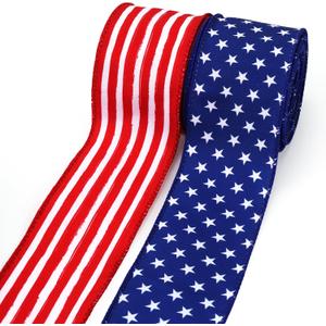 LaRibbons Patriotic Ribbon Wired 2 Rolls 2.5 Inch x 12 Yards TTL, 250th Anniversary, 4th of July American Flag Ribbon for Independence Memorial Day Gift Wrapping DIY Crafts