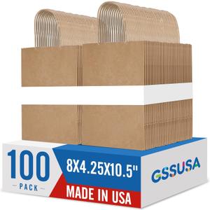 GSSUSA 100 Pack Brown Paper Bags with Handles, 8 x 4.25 x 10.5 in Medium Kraft Gift Bags Bulk for Small Business, Retail Shopping, Party Favor & Merchandise, Sturdy, Made in USA