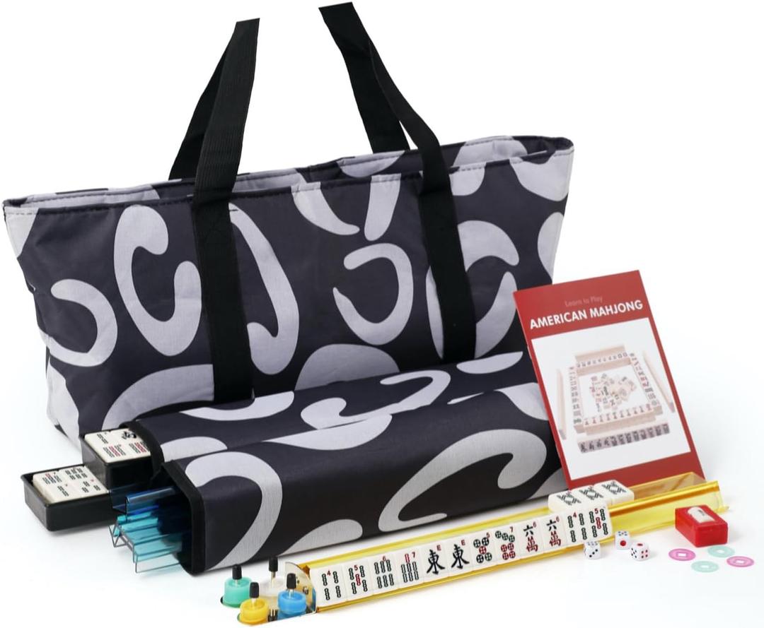 IFNOW American Mahjong Game Set - Blue Soft Bag 166 Premium Tiles with 4 All-in-One Rack/Pushers,100 Chips, 1 Wind Indicator, English Manual. Easy Carry Full Size Complete MahJongg Set