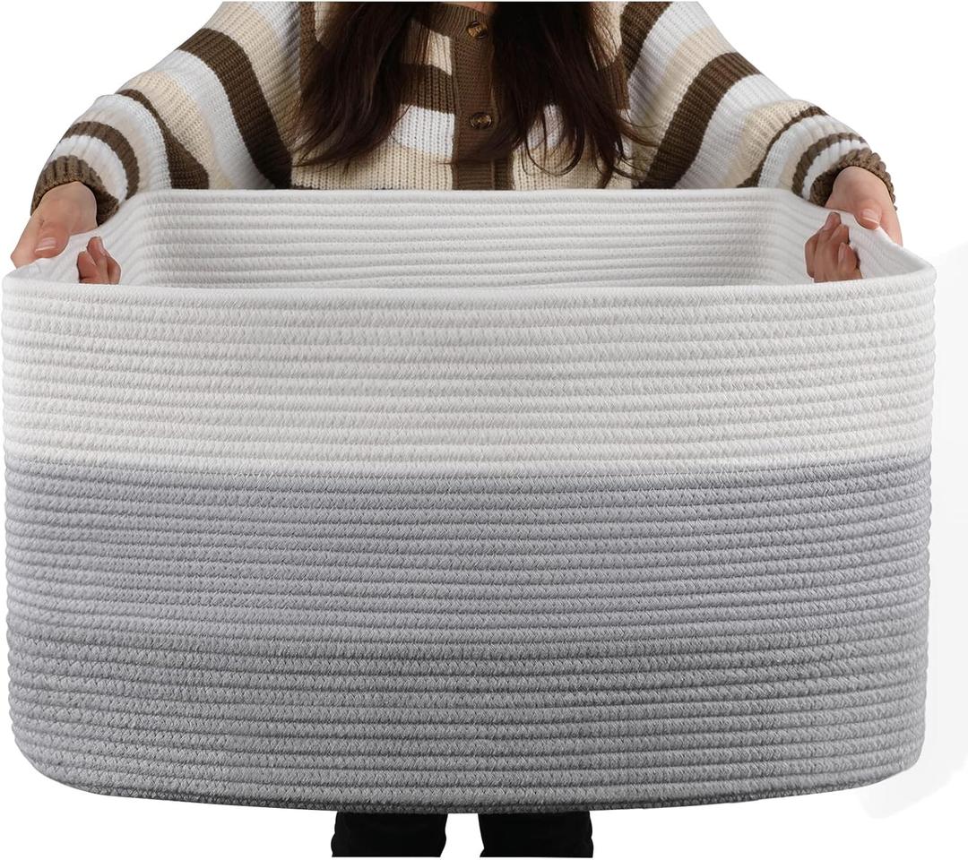OIAHOMY Large Blanket Basket, 22x17x12 Rectangle Woven Baskets, Nursery Blanket Storage Living Room, Toy Storage With Handle, Large Baskets for Organizing-Gradient Grey