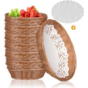 Yimerlen 12 Pcs Oval Small Plastic Bread Basket, Wicker Basket for Serving 2.36x9x6.4 Inch Woven Food Storage Basket, Fruit Basket, Gift Basket (Comes with Food Blotting Sheets) Brown