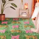 Leopard Washable Rugs, Tribal Oriental Cute Aesthetic Indoor Living Room Carpet, Green Cheetah Tropical Animals Boho Vintage Distressed Hippie 6x9 Area Rugs for Dining Room Bedroom Nursery Entryway