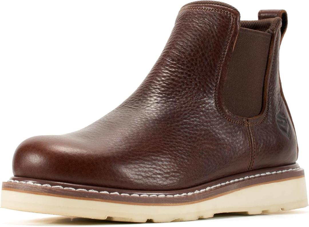 SUREWAY Men's Slip On Chlesea Work Boots for Men - Soft Toe,Lightweight Comfortable,Full Grain Leather,Slip-resistant Wedge Sole (Brown) 10.5